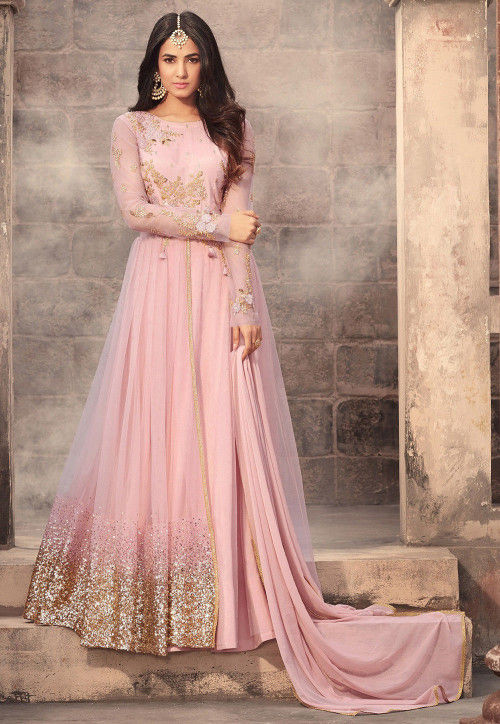 Pink net abaya 2025 style anarkali suit