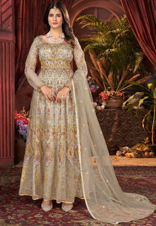 Embroidered Net Abaya Style Suit in Beige