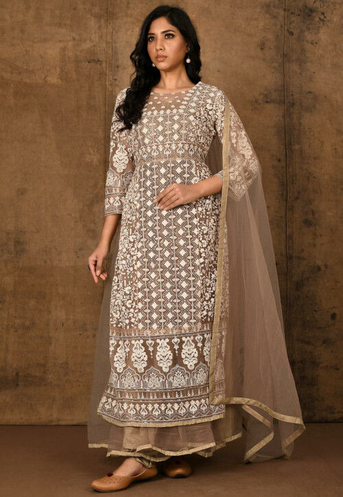 Embroidered Net Abaya Style Suit in Beige