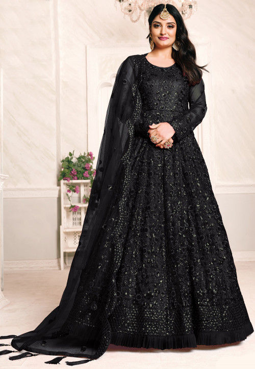 Embroidered Net Abaya Style Suit in Black