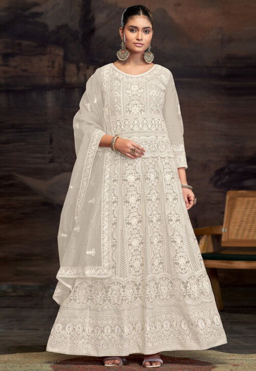 Embroidered Net Abaya Style Suit in Cream