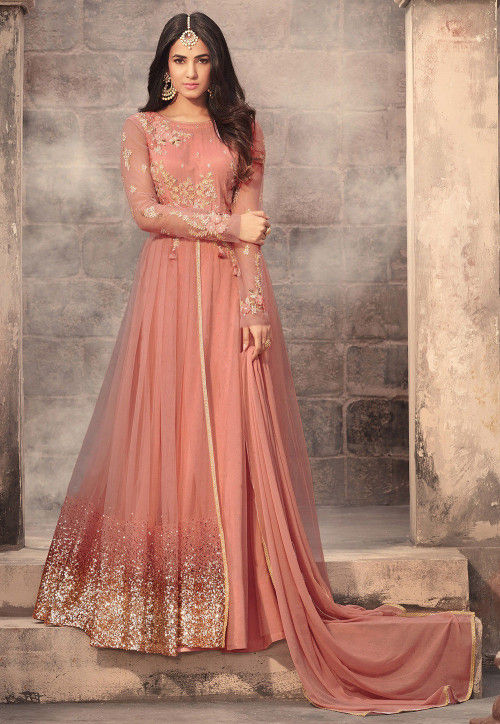 Peach and Ash Chandheri with Applique work