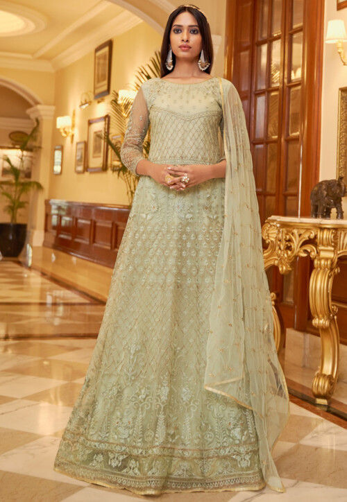 Buy Embroidered Net Abaya Style Suit in Dusty Green Online KCH8295 Utsav Fashion