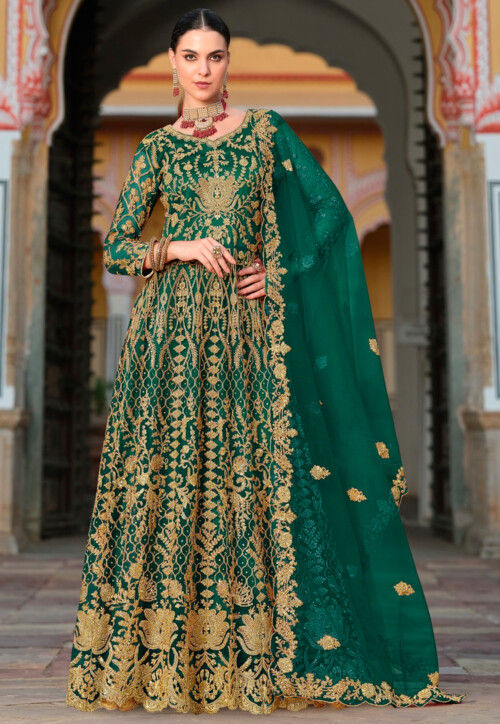 Embroidered Net Abaya Style Suit in Green
