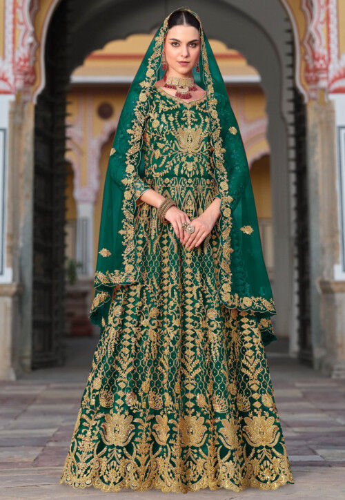 Embroidered Net Abaya Style Suit in Green