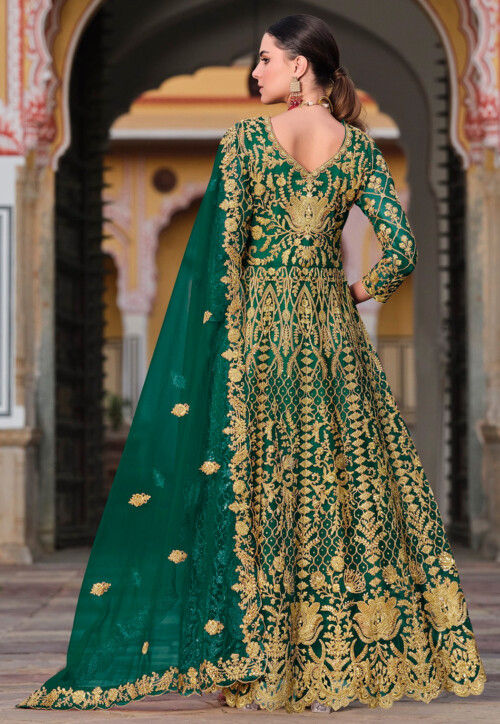 Embroidered Net Abaya Style Suit in Green