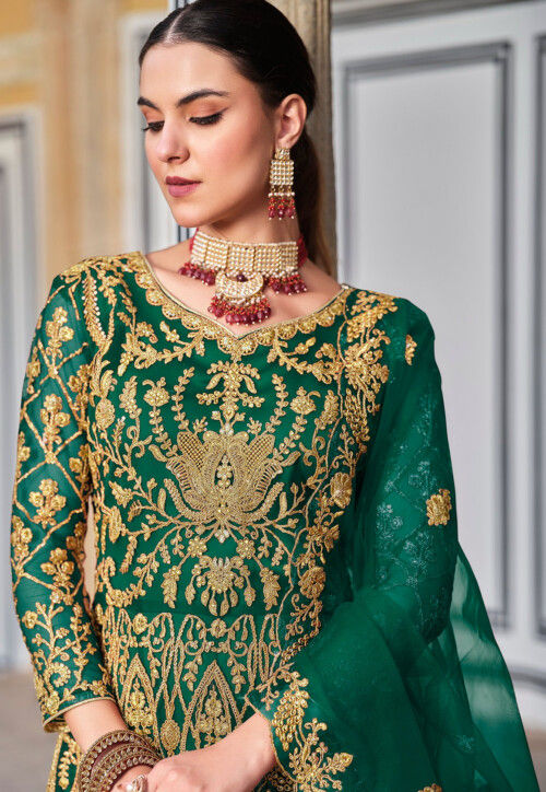Embroidered Net Abaya Style Suit in Green