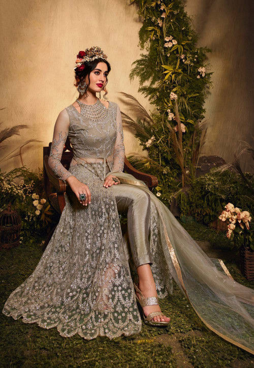 Buy Embroidered Net Abaya Style Suit in Grey Online KCH6453