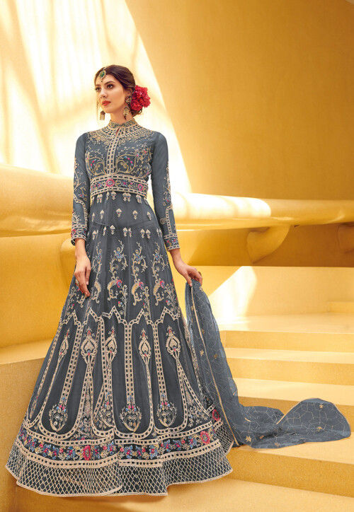 Embroidered Net Abaya Style Suit in Grey