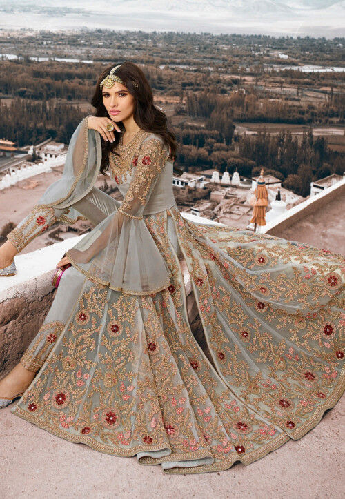 Embroidered net 2025 abaya style suit