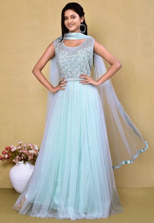 Embroidered Net Abaya Style Suit in Light Blue