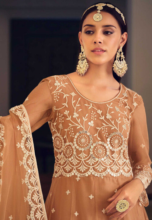Embroidered Net Abaya Style Suit in Peach