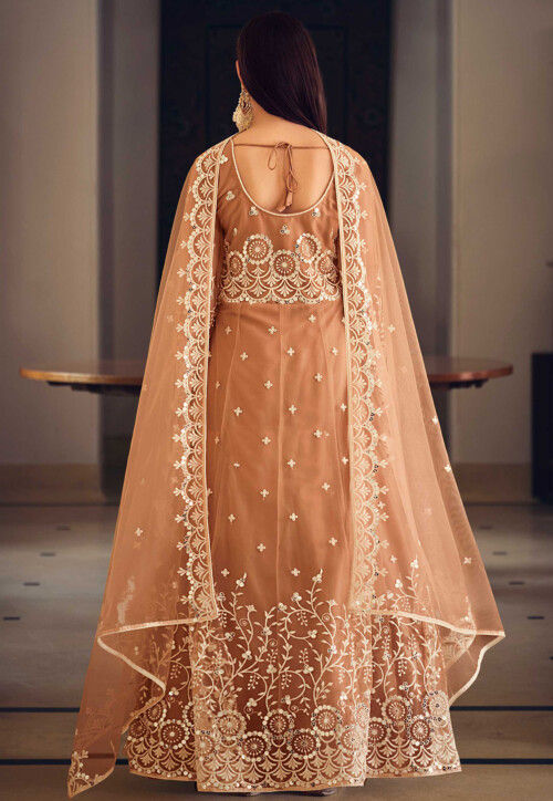 Embroidered Net Abaya Style Suit in Peach