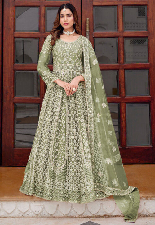 Embroidered Net Abaya Style Suit in Light Green