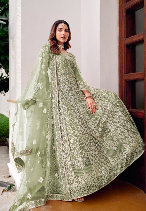 Embroidered Net Abaya Style Suit in Light Green