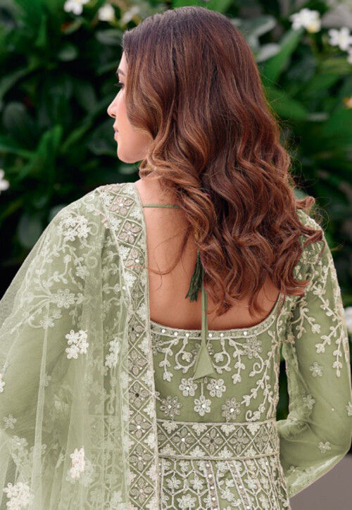 Embroidered Net Abaya Style Suit in Light Green