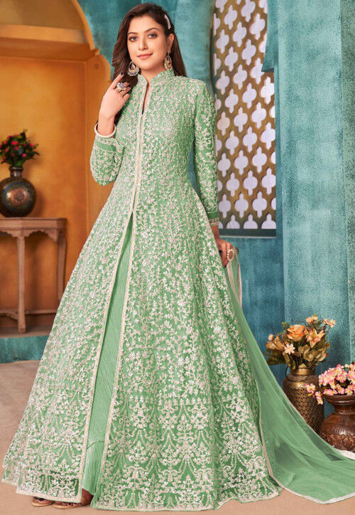 Embroidered net abaya style suit sales in peach