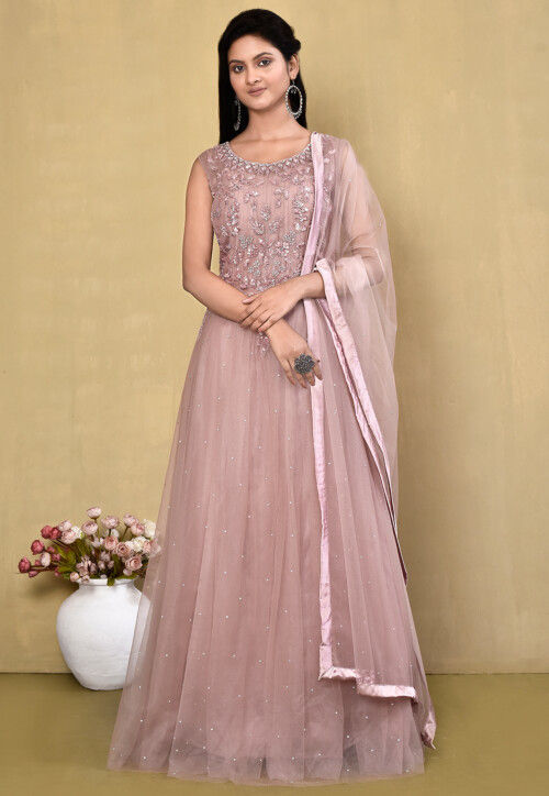 Embroidered Net Abaya Style Suit in Old Rose
