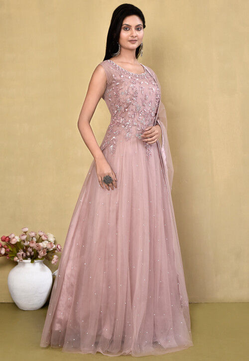 Embroidered Net Abaya Style Suit in Old Rose