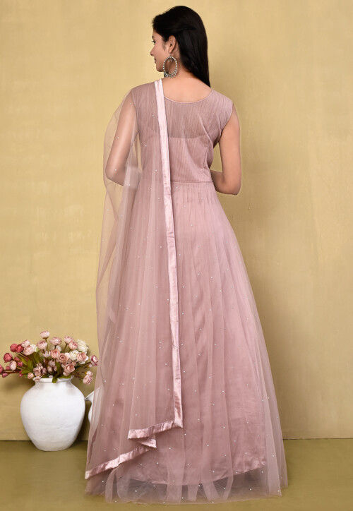 Embroidered Net Abaya Style Suit in Old Rose