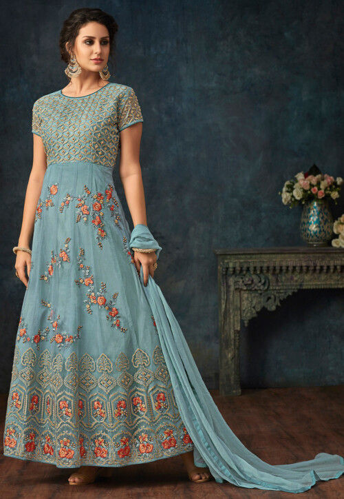 Embroidered Net Abaya Style Suit in Pastel Blue