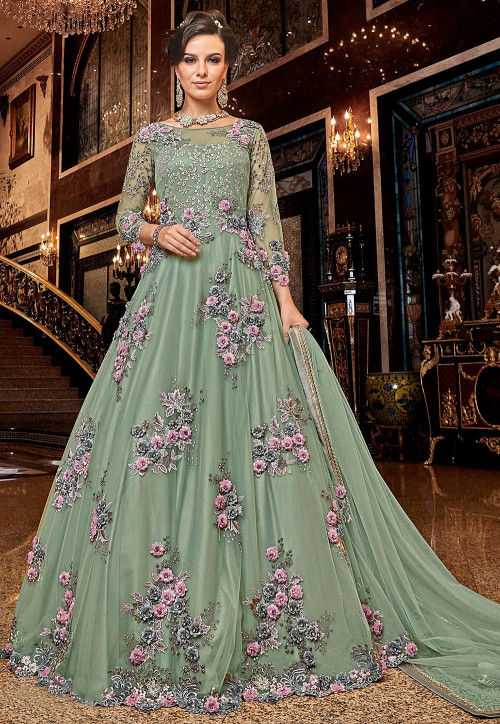 Buy Embroidered Net Abaya Style Suit in Pastel Green Online KCH5036 Utsav Fashion