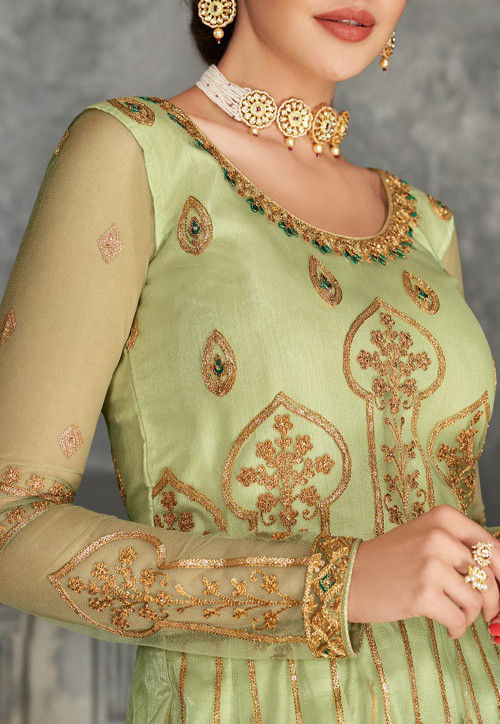 Embroidered Net Abaya Style Suit in Pastel Green : KCH5903