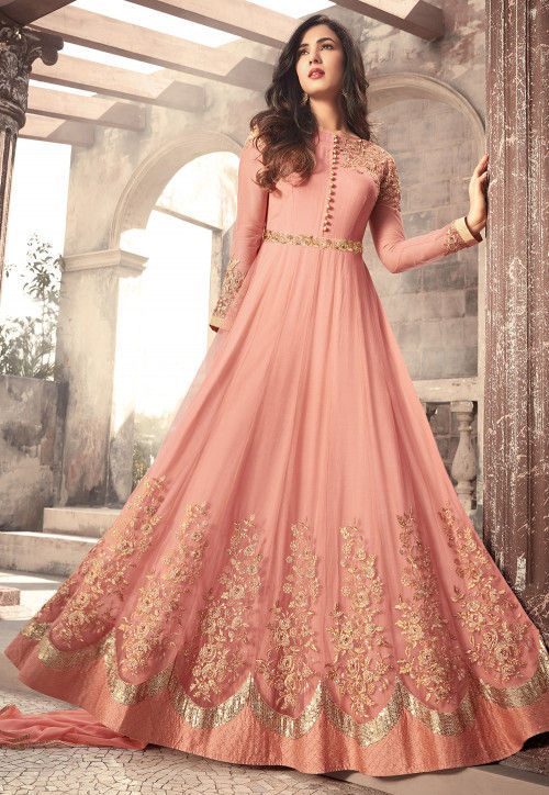 Embroidered Net Abaya Style Suit in Peach : KCH1016