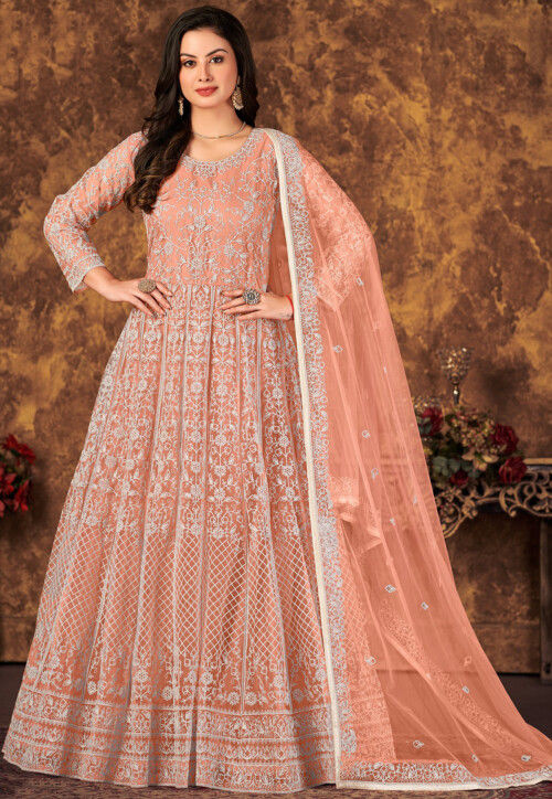 Embroidered net abaya style suit shop in peach