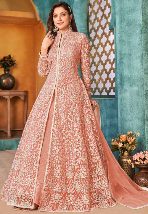 Embroidered Net Abaya Style Suit in Peach