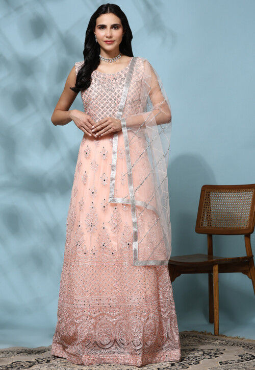 Buy Embroidered Net Abaya Style Suit in Peach Online KJD2337 Utsav Fashion