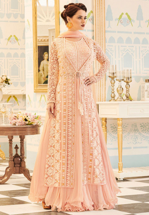 embroidered net abaya style suit in peach