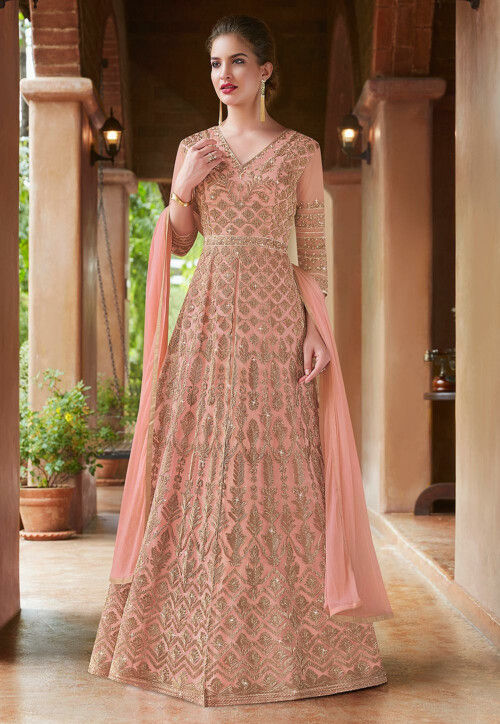 Buy Embroidered Net Abaya Style Suit in Peach Online KCH2246 Utsav Fashion