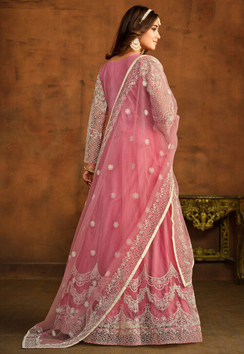 Embroidered Net Abaya Style Suit in Pink