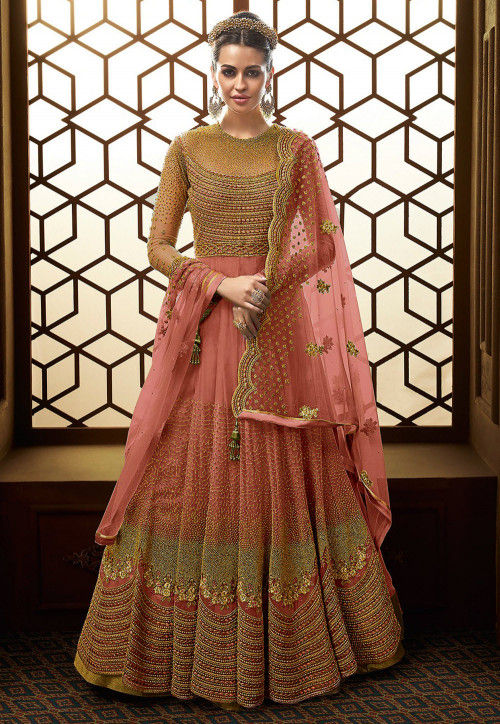 embroidered net abaya style suit in peach