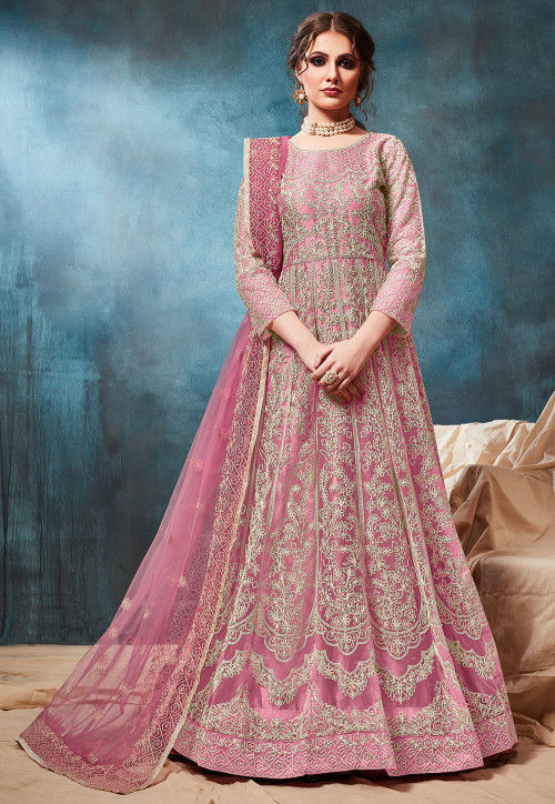 Buy Embroidered Net Abaya Style Suit in Pink Online : KCH4059 - Utsav ...
