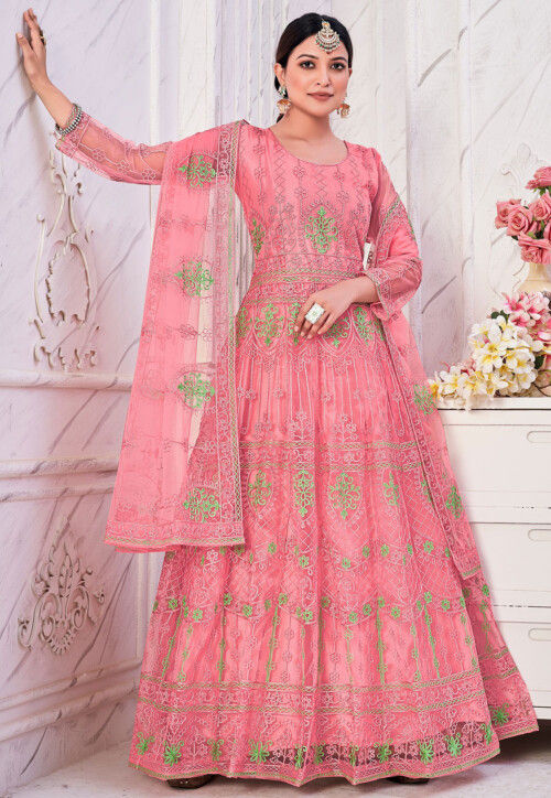 Embroidered Net Abaya Style Suit in Pink