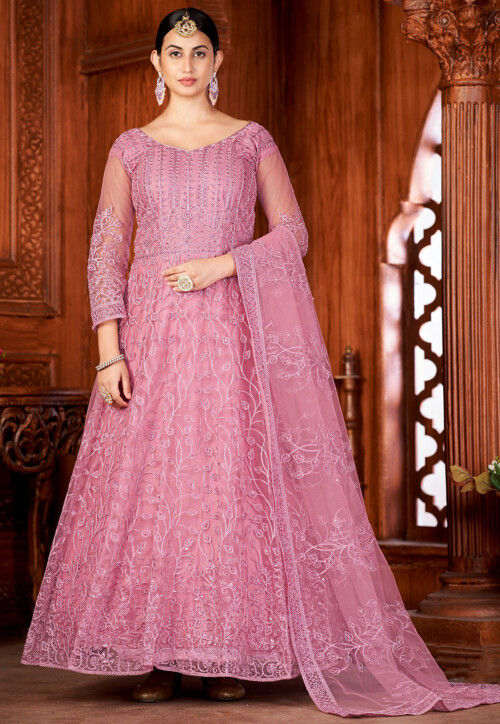 Pink net abaya style anarkali suit top