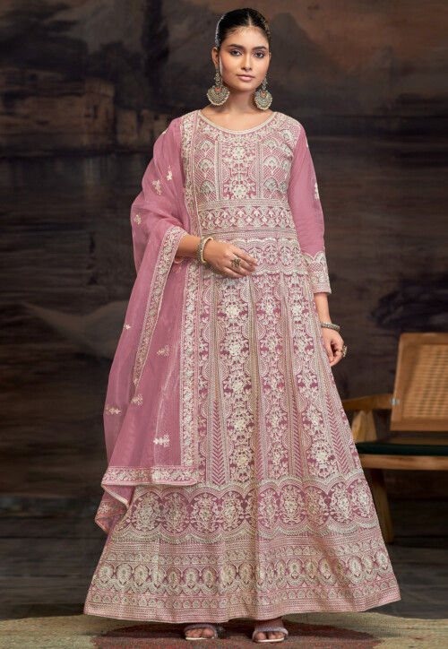 Embroidered Net Abaya Style Suit in Pink