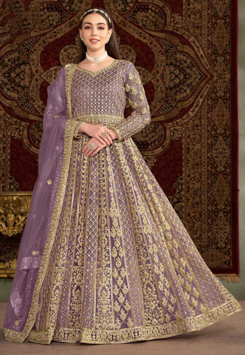 Embroidered Net Abaya Style Suit in Purple