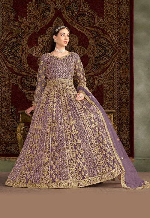 Embroidered Net Abaya Style Suit in Purple