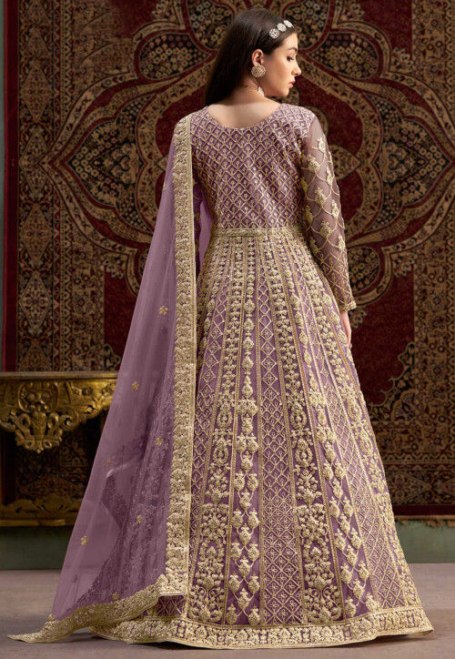 Embroidered Net Abaya Style Suit in Purple