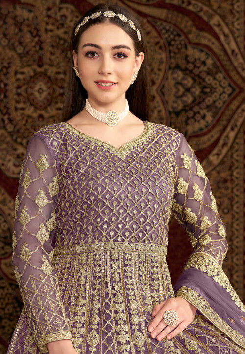 Embroidered Net Abaya Style Suit in Purple