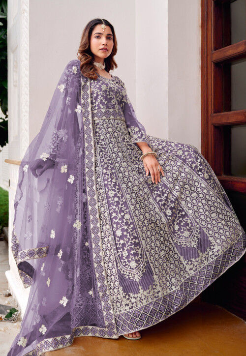 Embroidered Net Abaya Style Suit in Purple