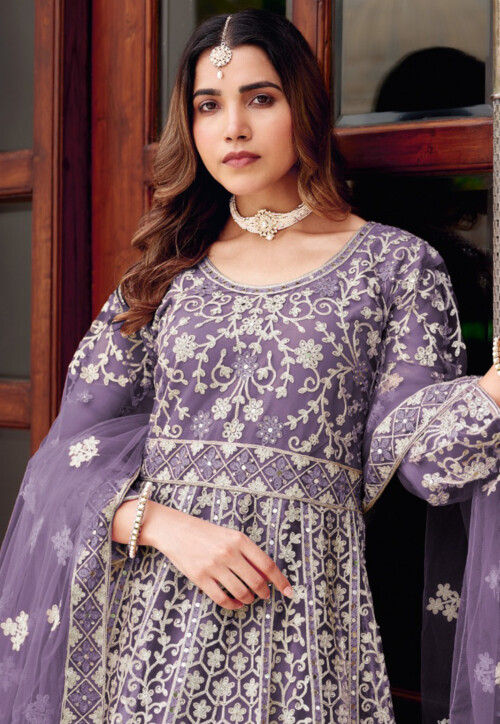 Embroidered Net Abaya Style Suit in Purple