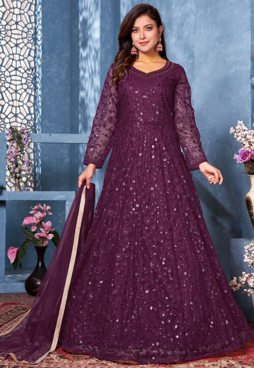 Embroidered Net Abaya Style Suit in Purple : KCH8282
