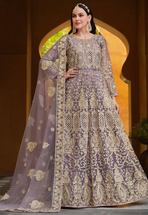 Embroidered Net Abaya Style Suit in Purple