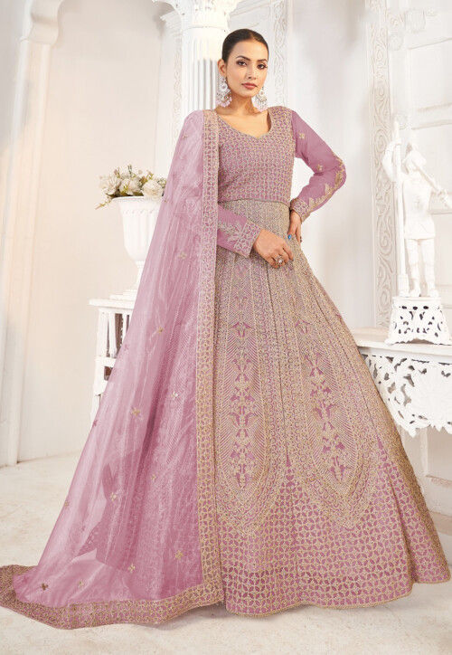 Embroidered Net Abaya Style Suit in Purple