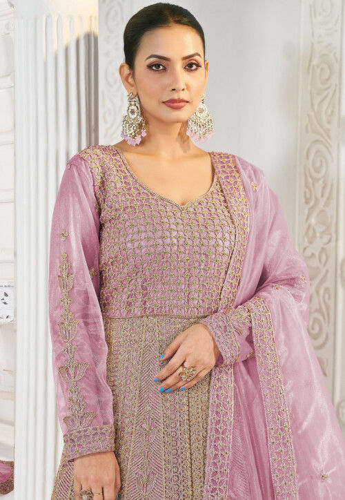 Embroidered Net Abaya Style Suit in Purple