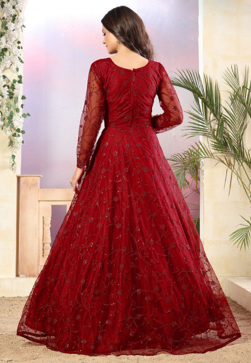 Embroidered Net Abaya Style Suit in Red : KCH5532